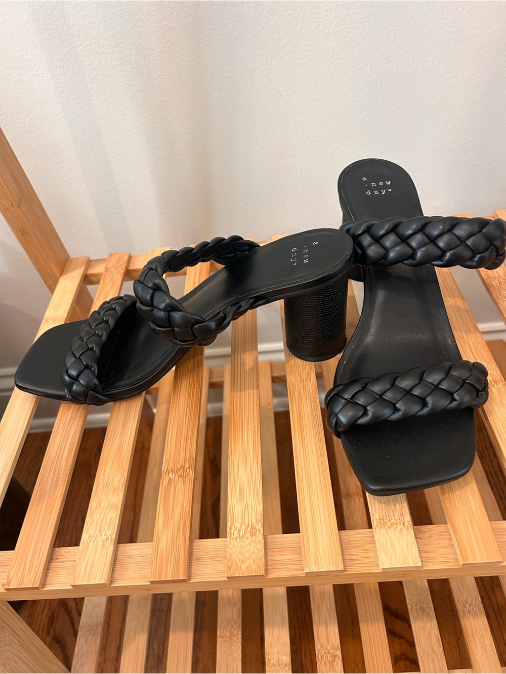 Braided Double-Strap Black Block Heel Sandals